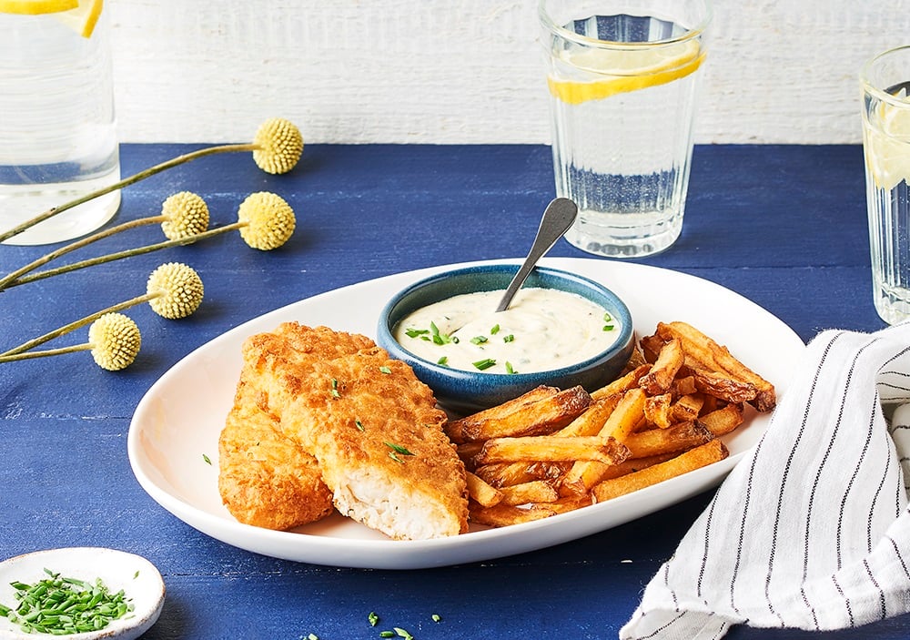 Fish & Chips de cabillaud, frites et sauce Boursin