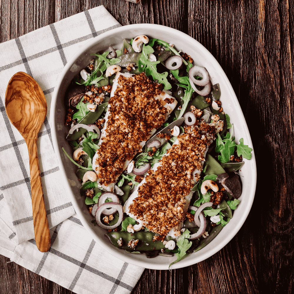 Cabillaud au crumble moutarde, levure & noix