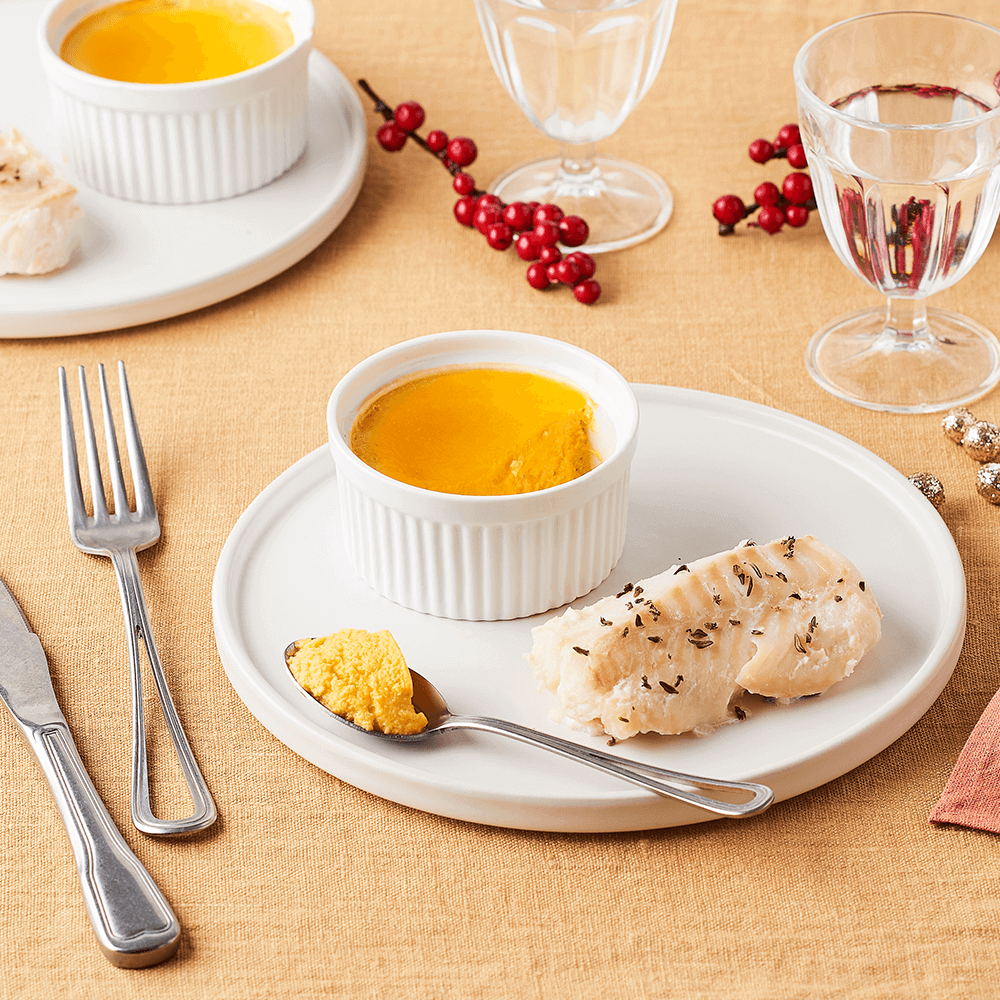 Dos de cabillaud poché, lait au parmesan, flan de butternut