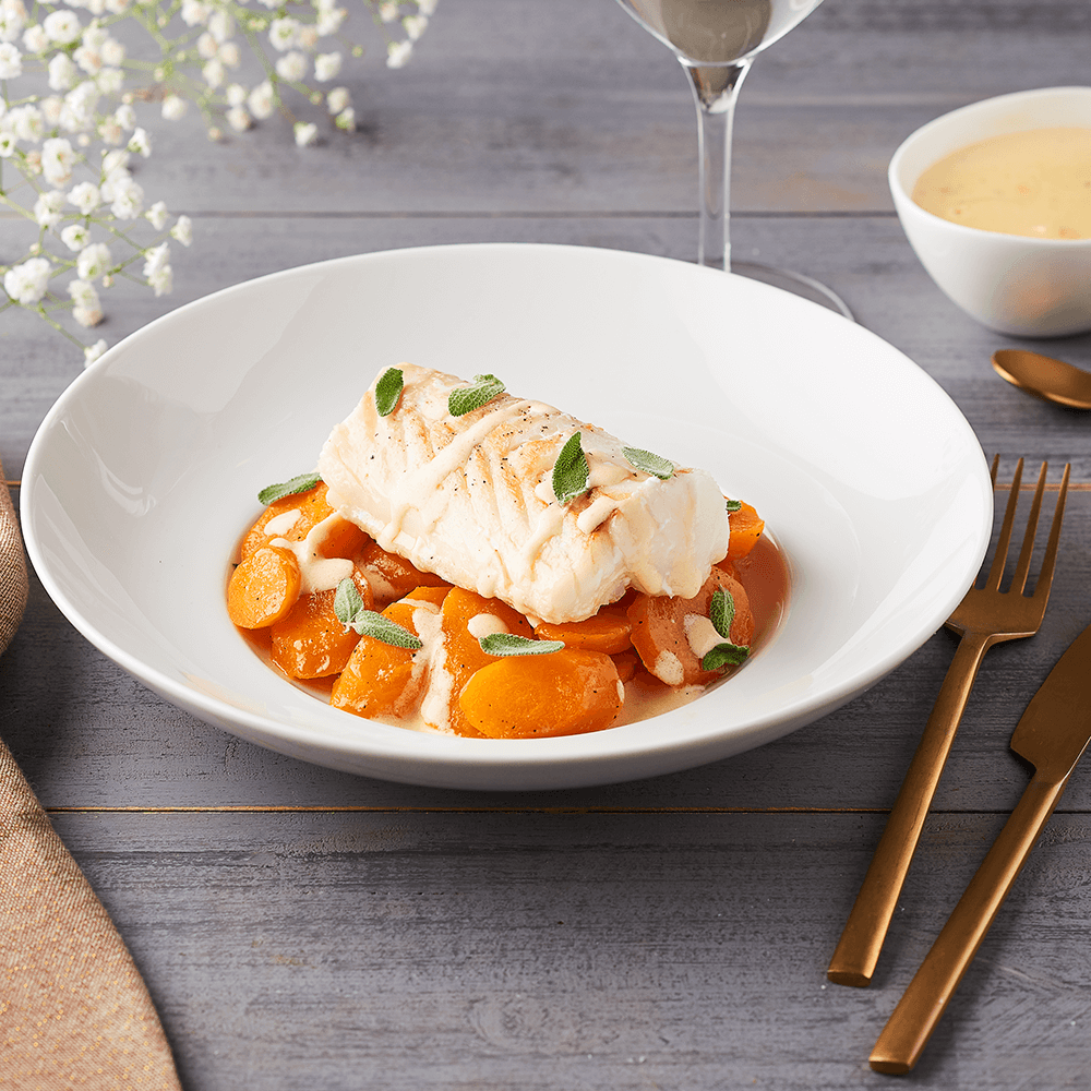Dos de Cabillaud à la crème de champagne, carottes fondantes à la sauge