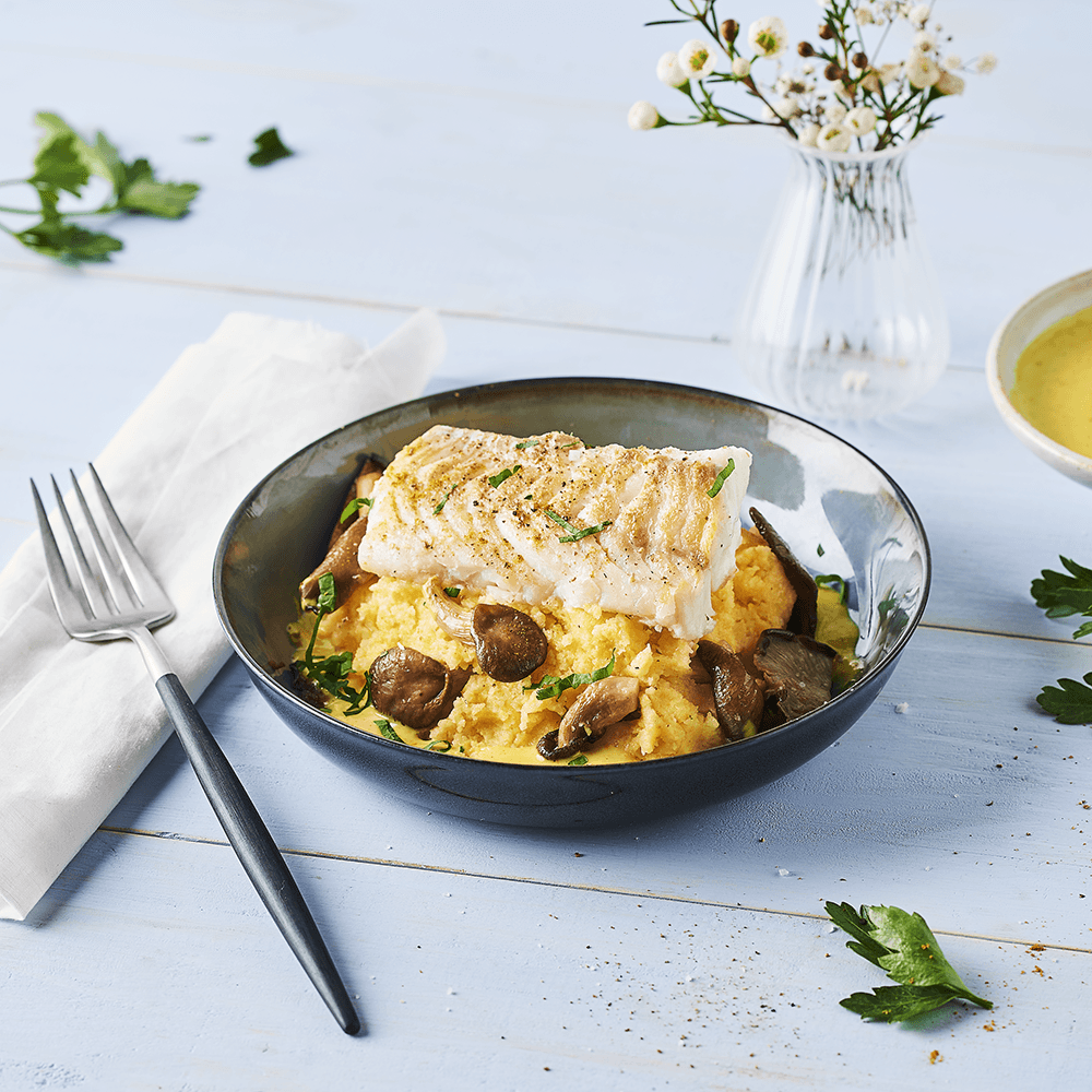 Dos de cabillaud au vadouvan, polenta aux pleurotes