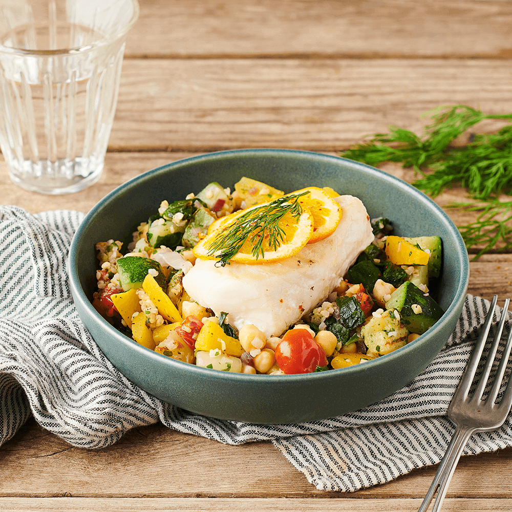 Papillote de Dos de Cabillaud à l'Orange, mélange gourmand Boulgour