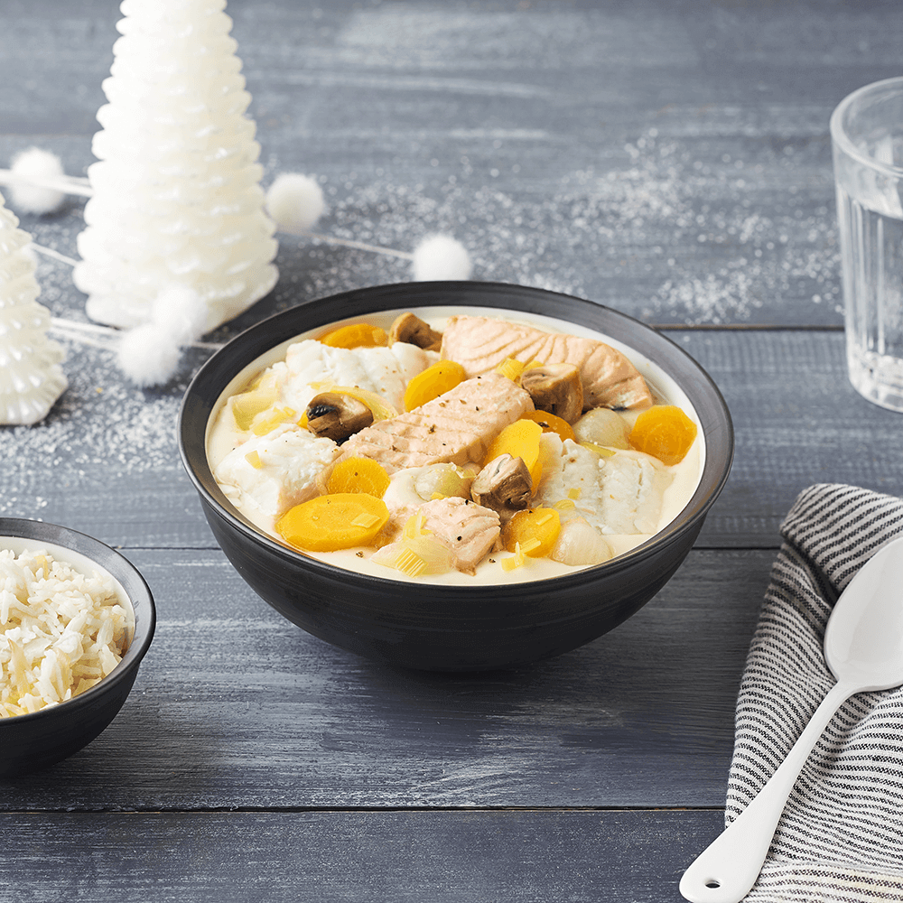 Blanquette de la mer aux filets de cabillaud et pavés de saumon 