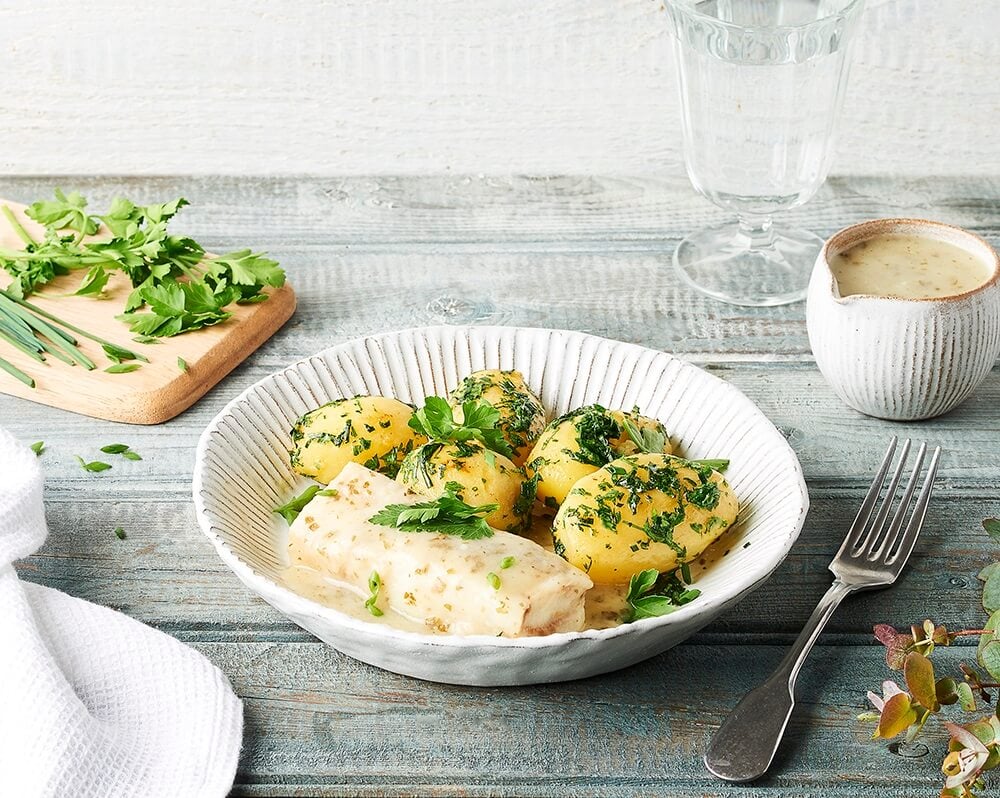 Colin d'Alaska sauce bio à l'oseille, pommes vapeur