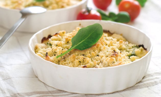 Crumble de légumes, coulis d'épinards