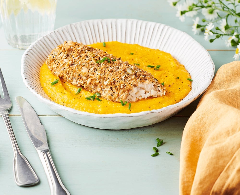 Filets Colin d'Alaska 7 Céréales et Graines, purée de butternut à la fève de tonka 