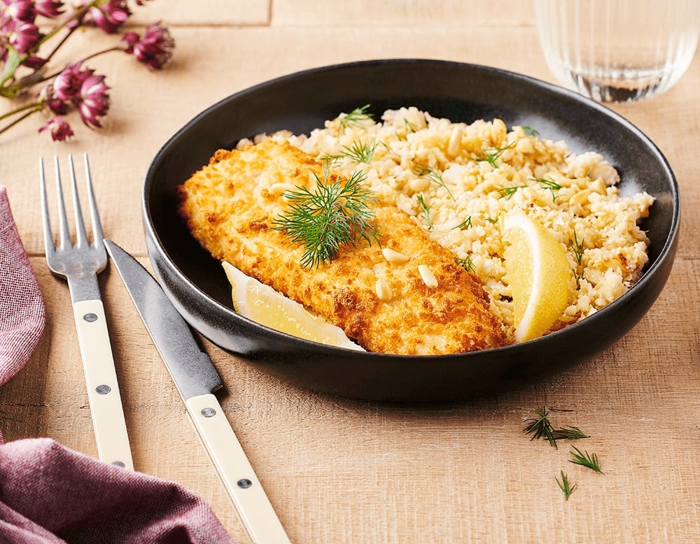 Cabillaud pané extra croustillant, fine semoule de chou-fleur citron et aneth