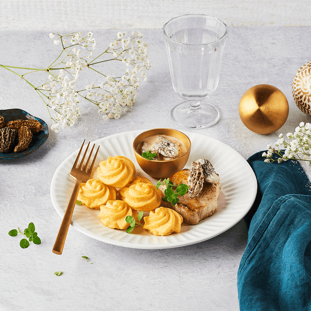 Pommes de terre Duchesse et son grenadin de veau sauce morilles