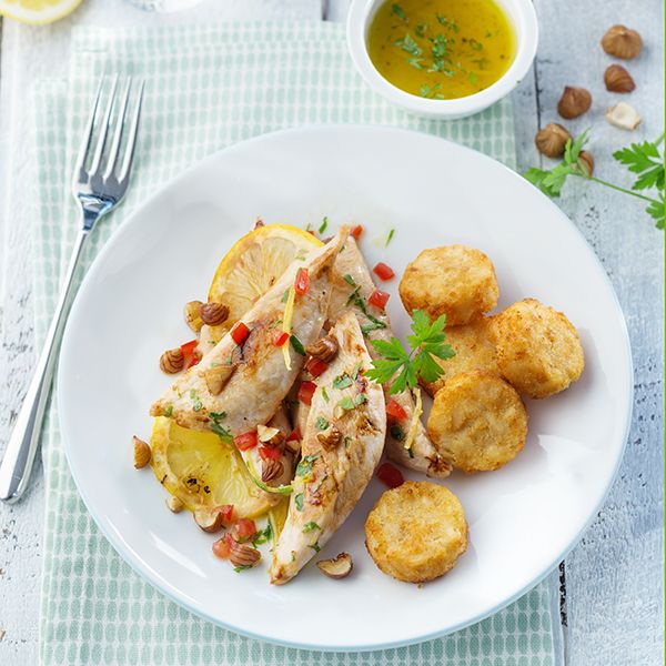 Aiguillettes de poulet au citron et petits röstis de pommes de terre