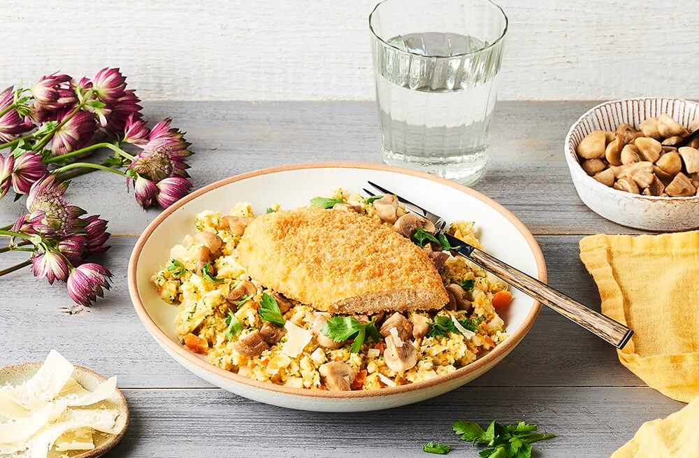 Pané végétal et risotto de trio de légumes