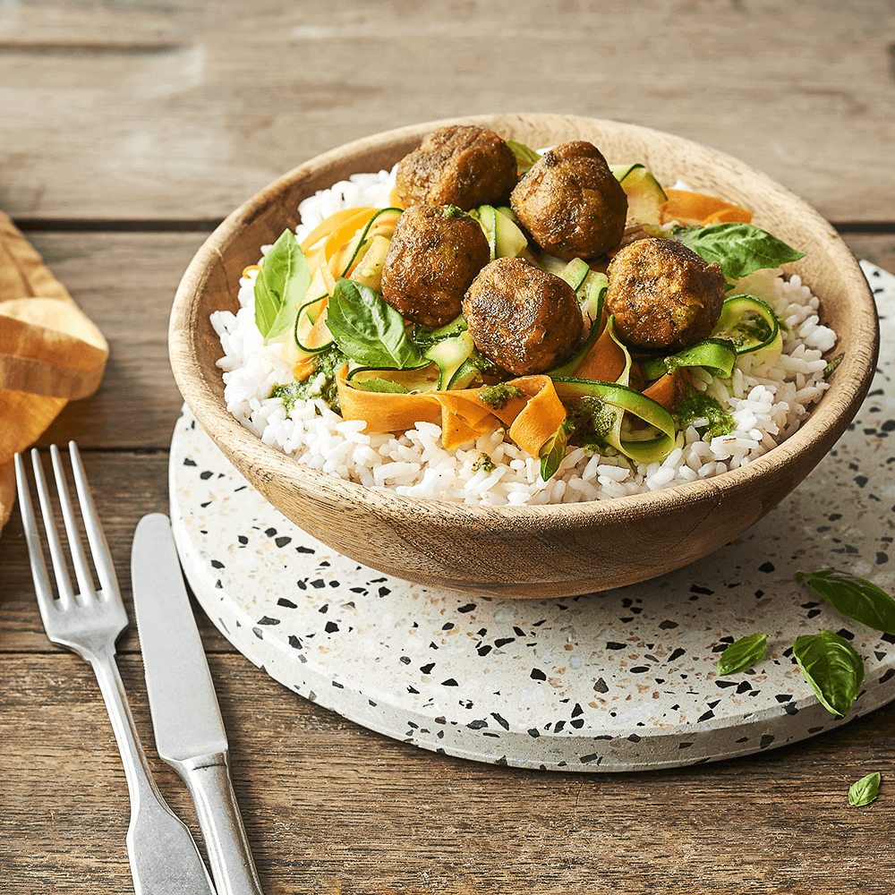 Boulettes de légumes, riz aux Tagliatelles de légumes au pesto 