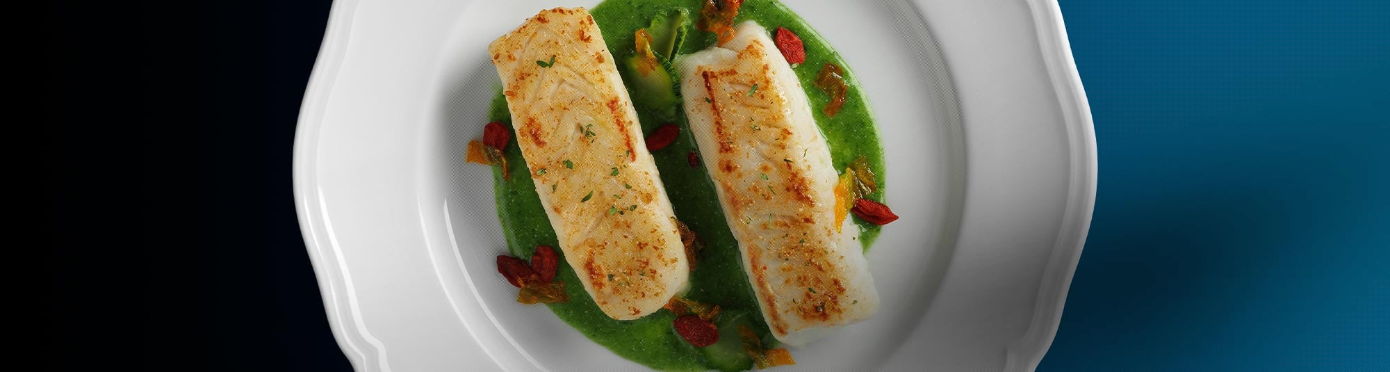 Dos de cabillaud sur coulis de courgettes aux épinards et baies de goji